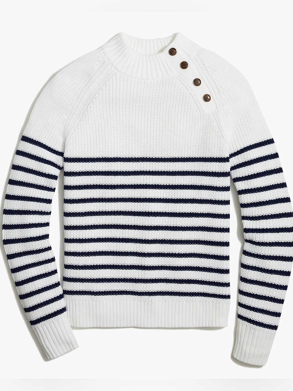 J. Crew Striped Cotton Button Mock neck Ribbed Sweater White Navy Size Small